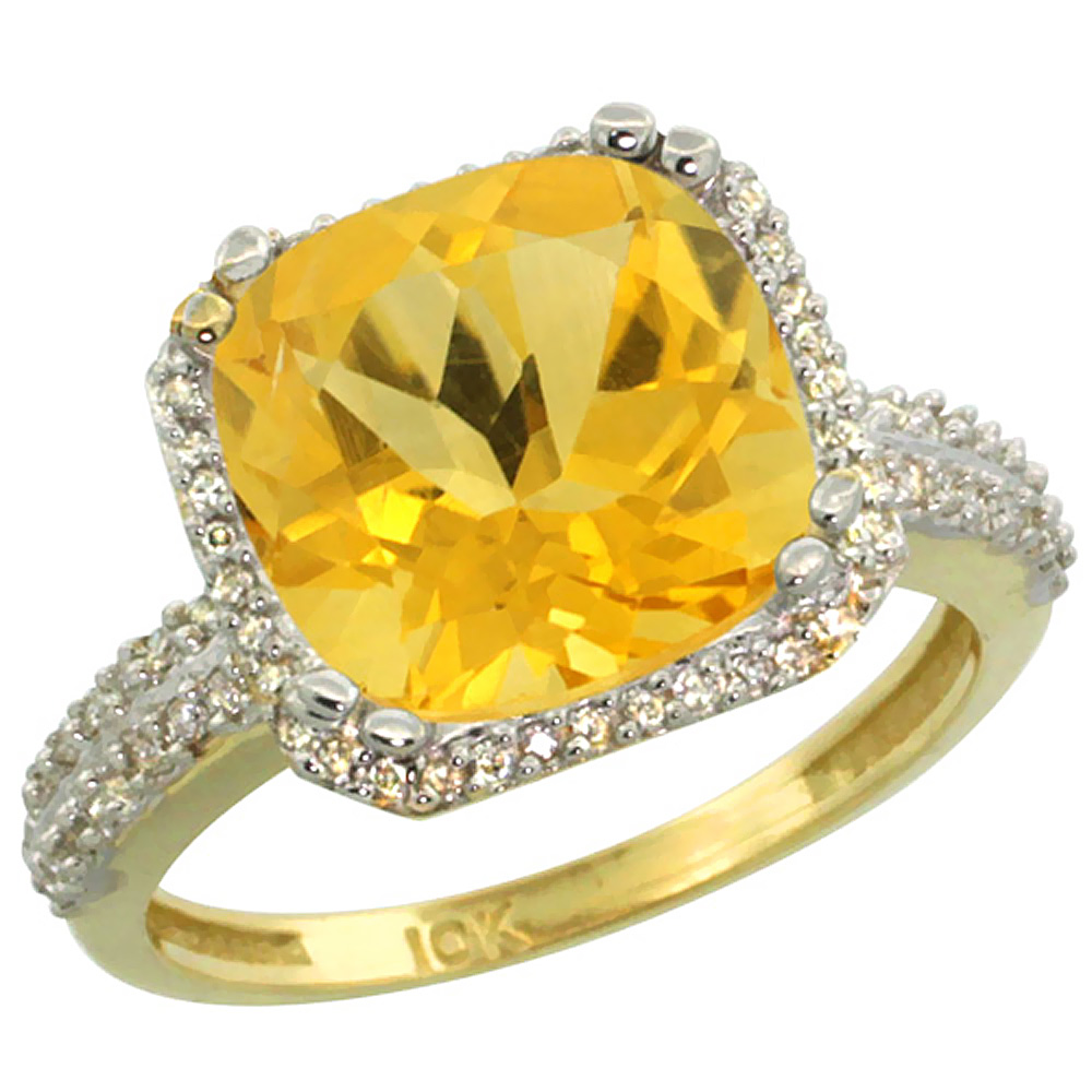 10k Yellow Gold Natural Citrine Ring Cushion-cut 11x11mm Diamond Halo, sizes 5-10