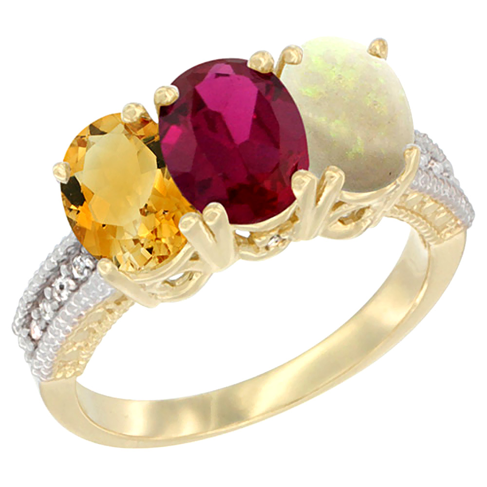 14K Yellow Gold Natural Citrine, Enhanced Ruby &amp; Natural Opal Ring 3-Stone 7x5 mm Oval Diamond Accent, sizes 5 - 10