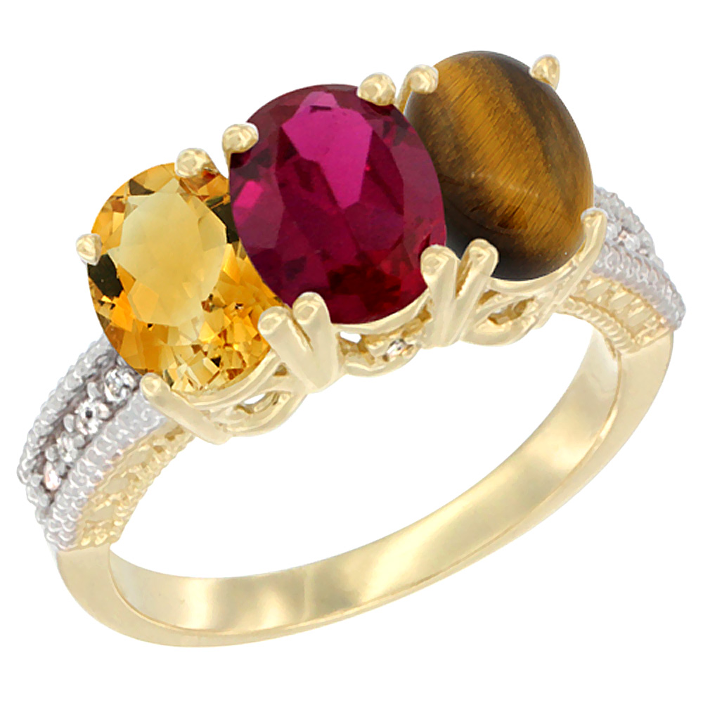 14K Yellow Gold Natural Citrine, Enhanced Ruby &amp; Natural Tiger Eye Ring 3-Stone 7x5 mm Oval Diamond Accent, sizes 5 - 10