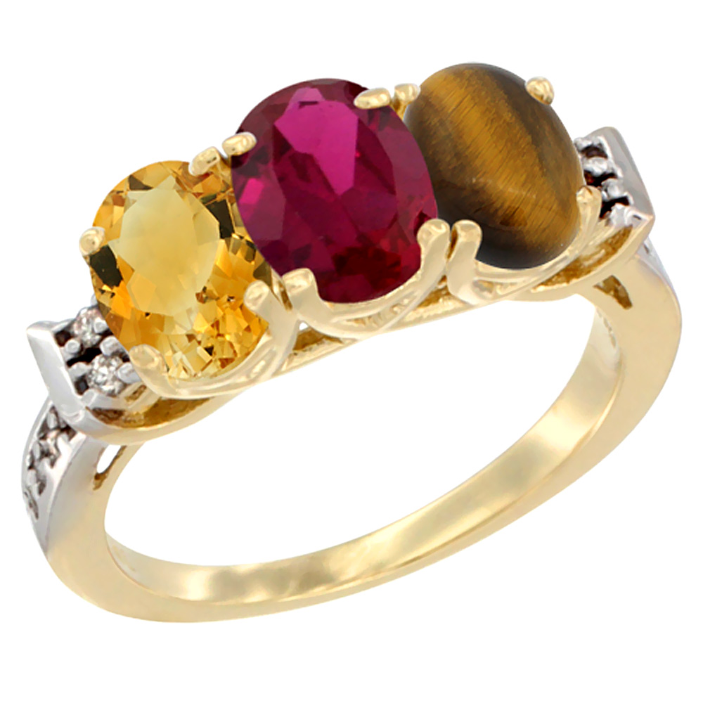 14K Yellow Gold Natural Citrine, Enhanced Ruby & Natural Tiger Eye Ring 3-Stone 7x5 mm Oval Diamond Accent, sizes 5 - 10