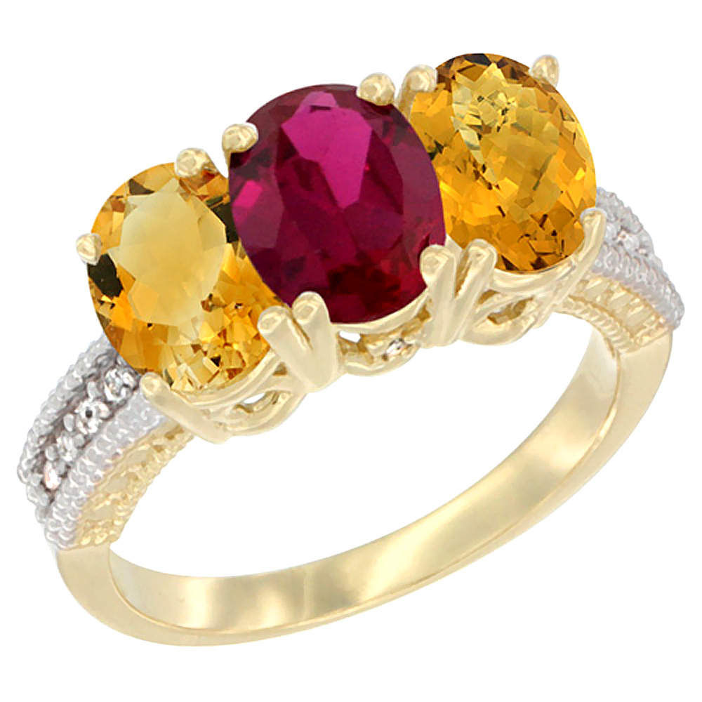 10K Yellow Gold Diamond Natural Citrine, Enhanced Ruby & Whisky Quartz Ring 3-Stone 7x5 mm Oval, sizes 5 - 10