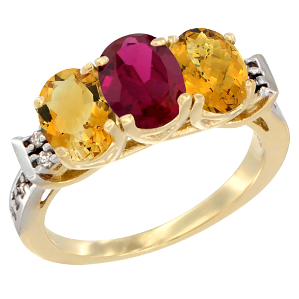 14K Yellow Gold Natural Citrine, Enhanced Ruby & Natural Whisky Quartz Ring 3-Stone 7x5 mm Oval Diamond Accent, sizes 5 - 10