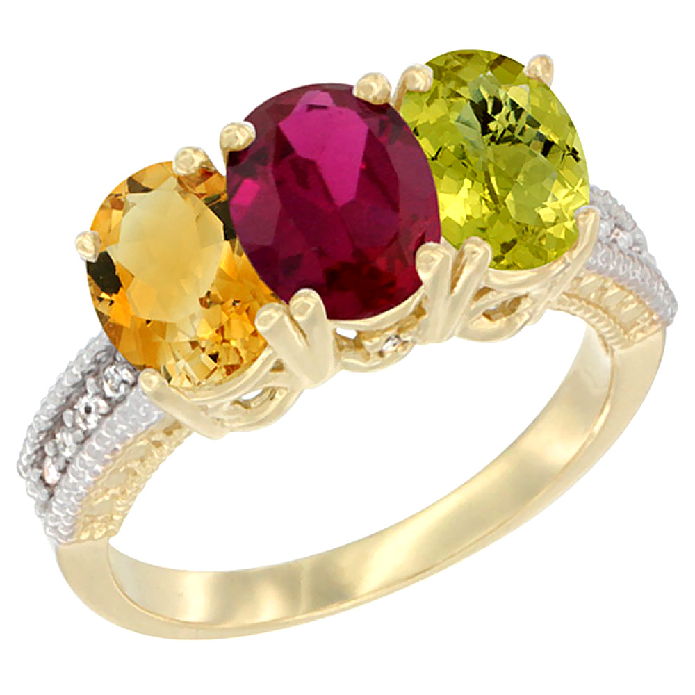 14K Yellow Gold Natural Citrine, Enhanced Ruby & Natural Lemon Quartz Ring 3-Stone 7x5 mm Oval Diamond Accent, sizes 5 - 10