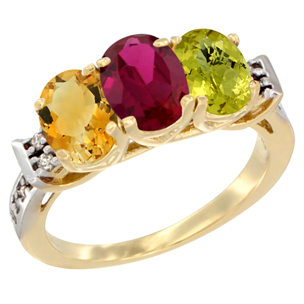 14K Yellow Gold Natural Citrine, Enhanced Ruby &amp; Natural Lemon Quartz Ring 3-Stone 7x5 mm Oval Diamond Accent, sizes 5 - 10