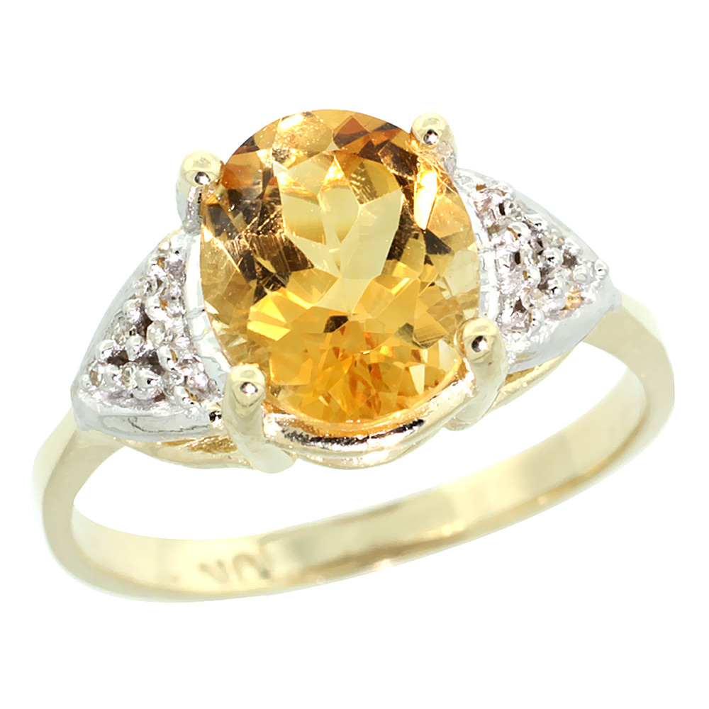 10K Yellow Gold Diamond Natural Citrine Engagement Ring Oval 10x8mm, sizes 5-10