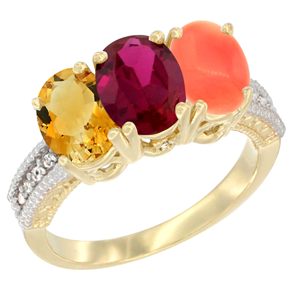 14K Yellow Gold Natural Citrine, Enhanced Ruby & Natural Coral Ring 3-Stone 7x5 mm Oval Diamond Accent, sizes 5 - 10