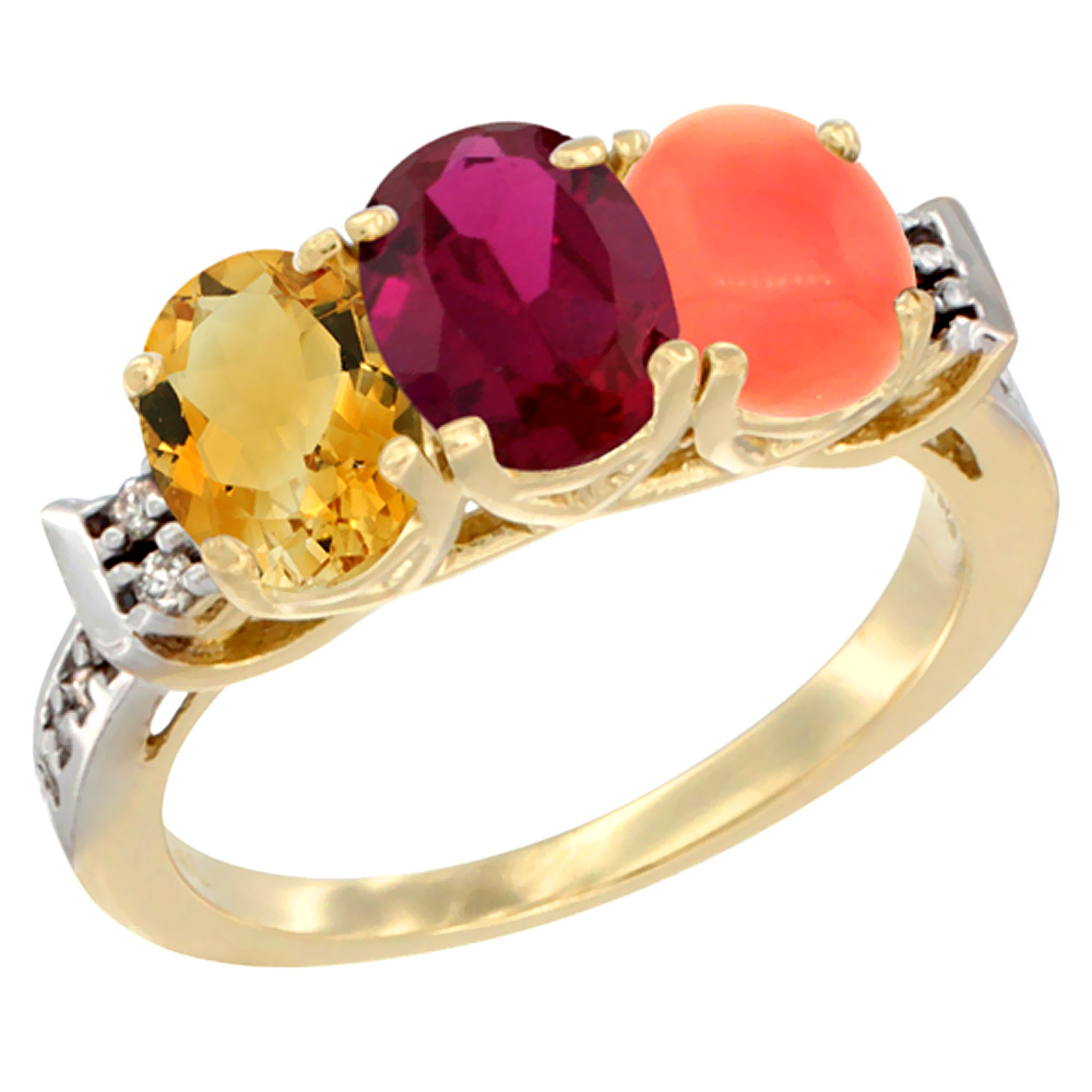 14K Yellow Gold Natural Citrine, Enhanced Ruby &amp; Natural Coral Ring 3-Stone 7x5 mm Oval Diamond Accent, sizes 5 - 10