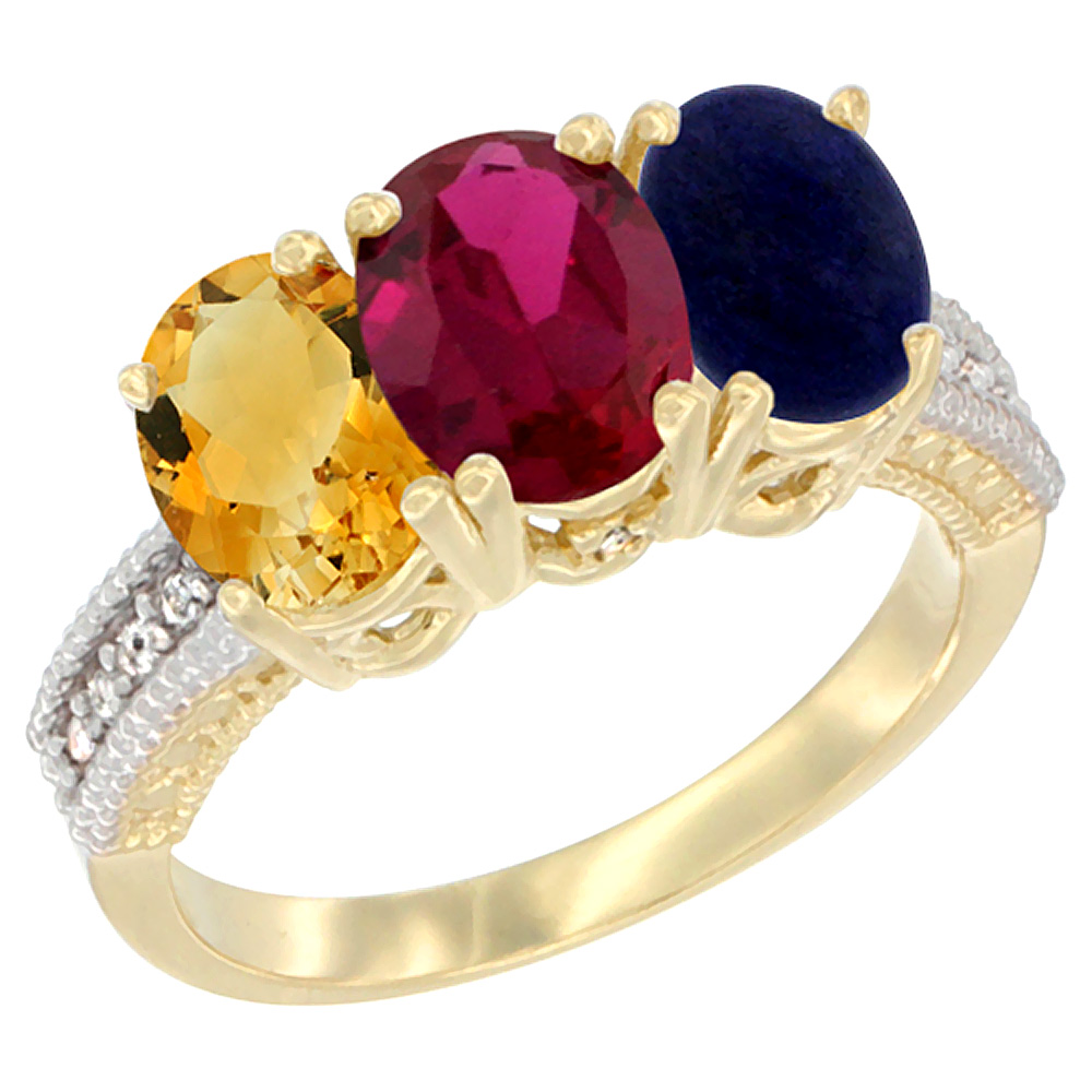 10K Yellow Gold Diamond Natural Citrine, Enhanced Ruby & Lapis Ring 3-Stone 7x5 mm Oval, sizes 5 - 10