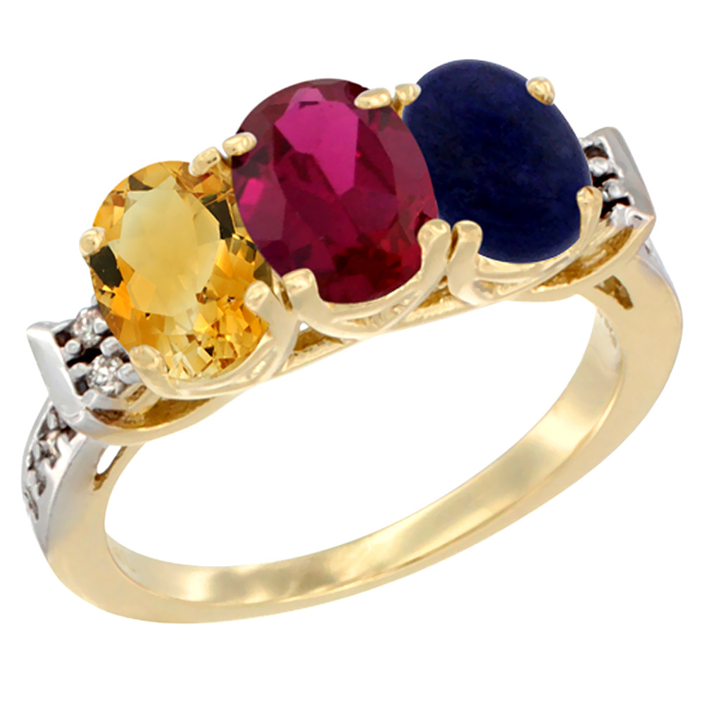 14K Yellow Gold Natural Citrine, Enhanced Ruby &amp; Natural Lapis Ring 3-Stone 7x5 mm Oval Diamond Accent, sizes 5 - 10