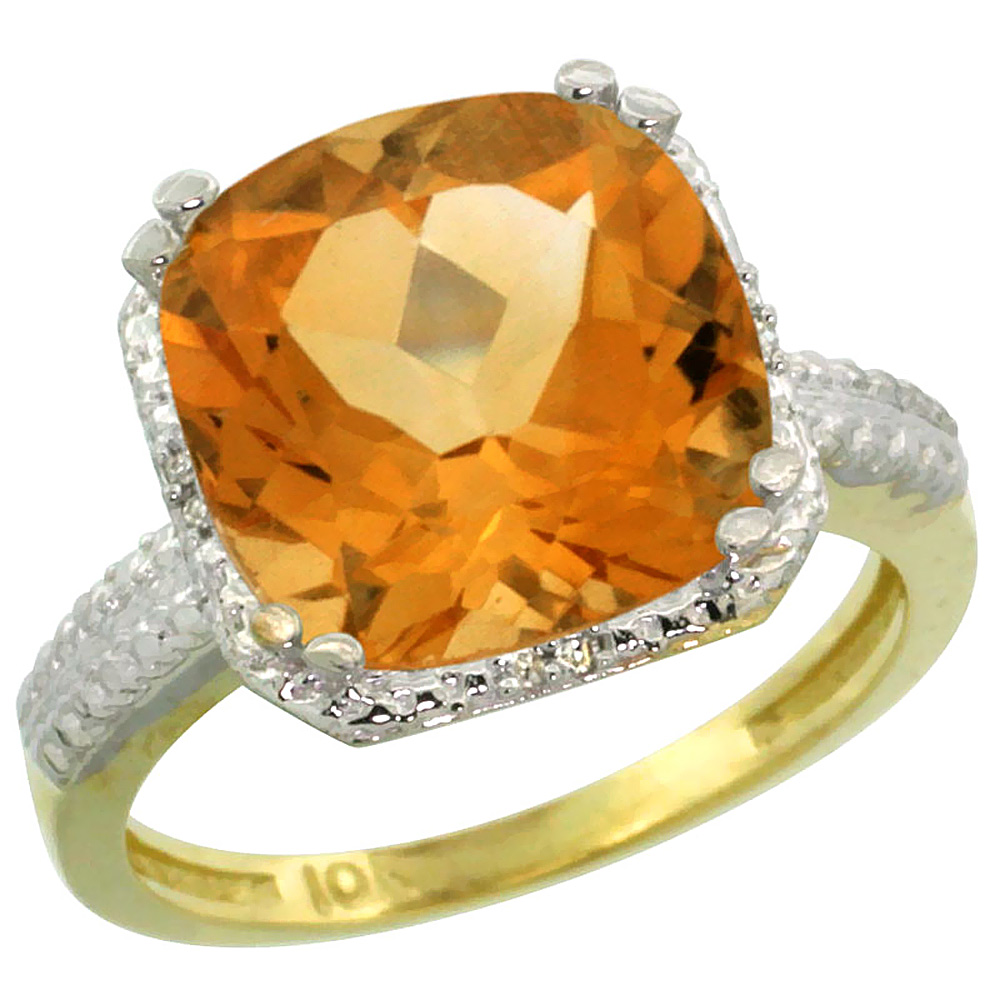 10K Yellow Gold Diamond Natural Citrine Ring Cushion-cut 11x11mm, sizes 5-10