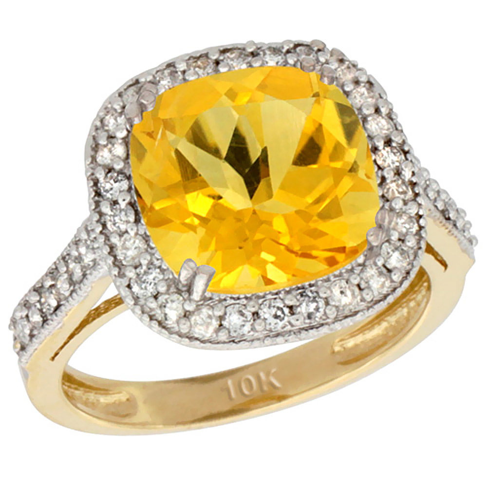 14K Yellow Gold Natural Citrine Ring Cushion-cut 9x9mm Diamond Halo, sizes 5-10