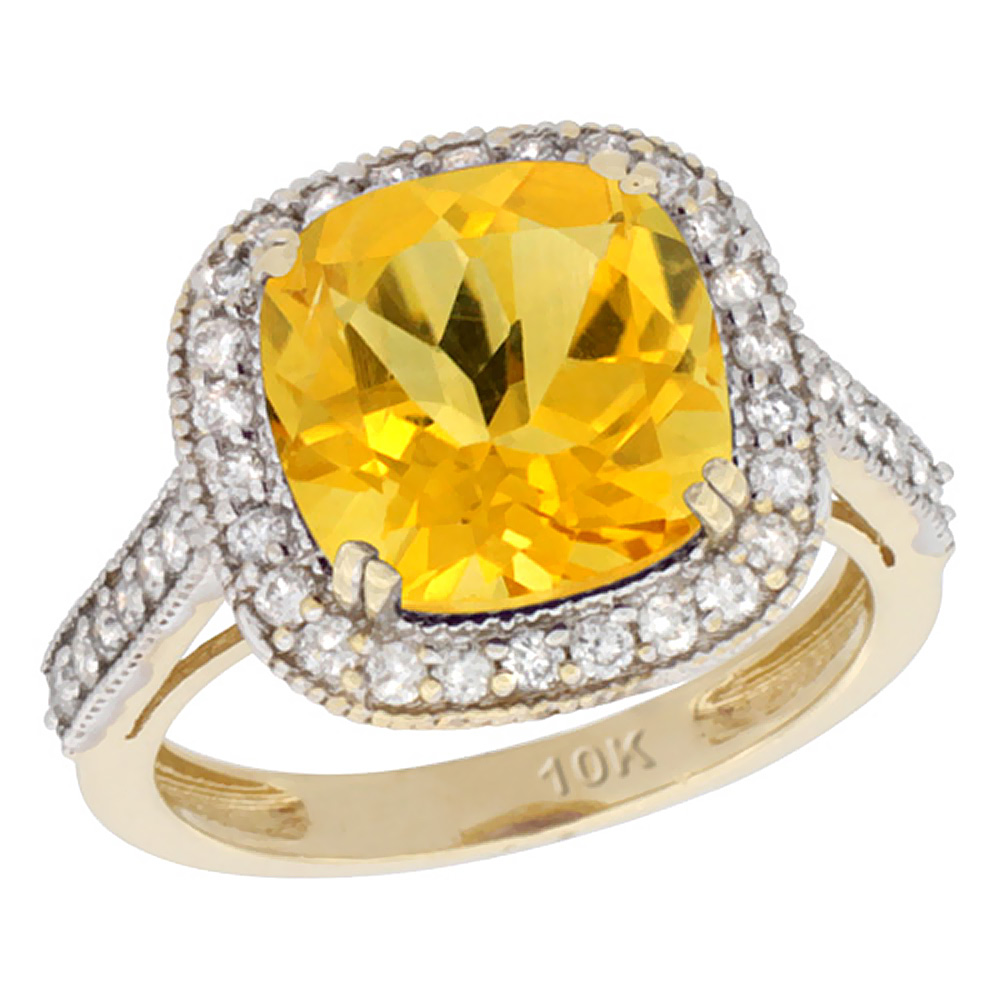 14K Yellow Gold Natural Citrine Ring Cushion-cut 10x10mm Diamond Halo, sizes 5-10