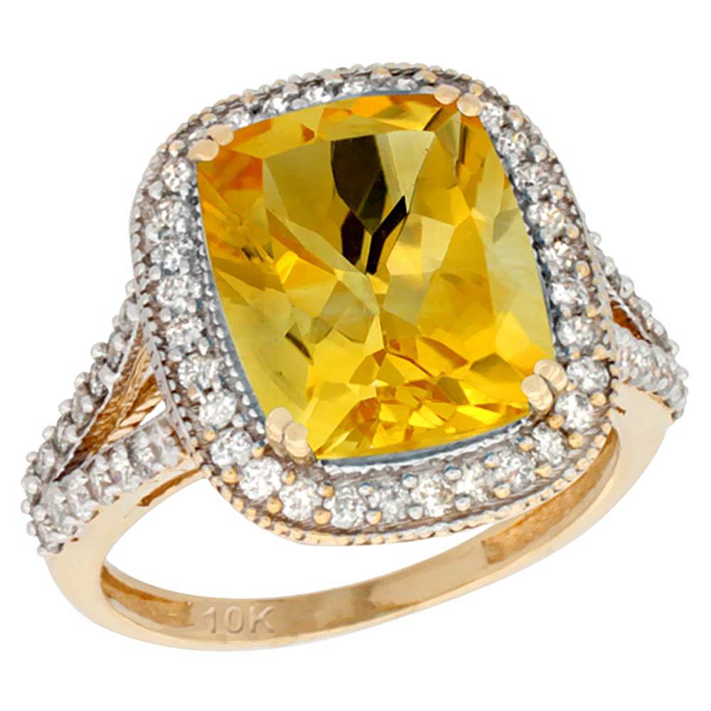 14K Yellow Gold Natural Citrine Ring Cushion-cut 12x10mm Diamond Halo, sizes 5-10