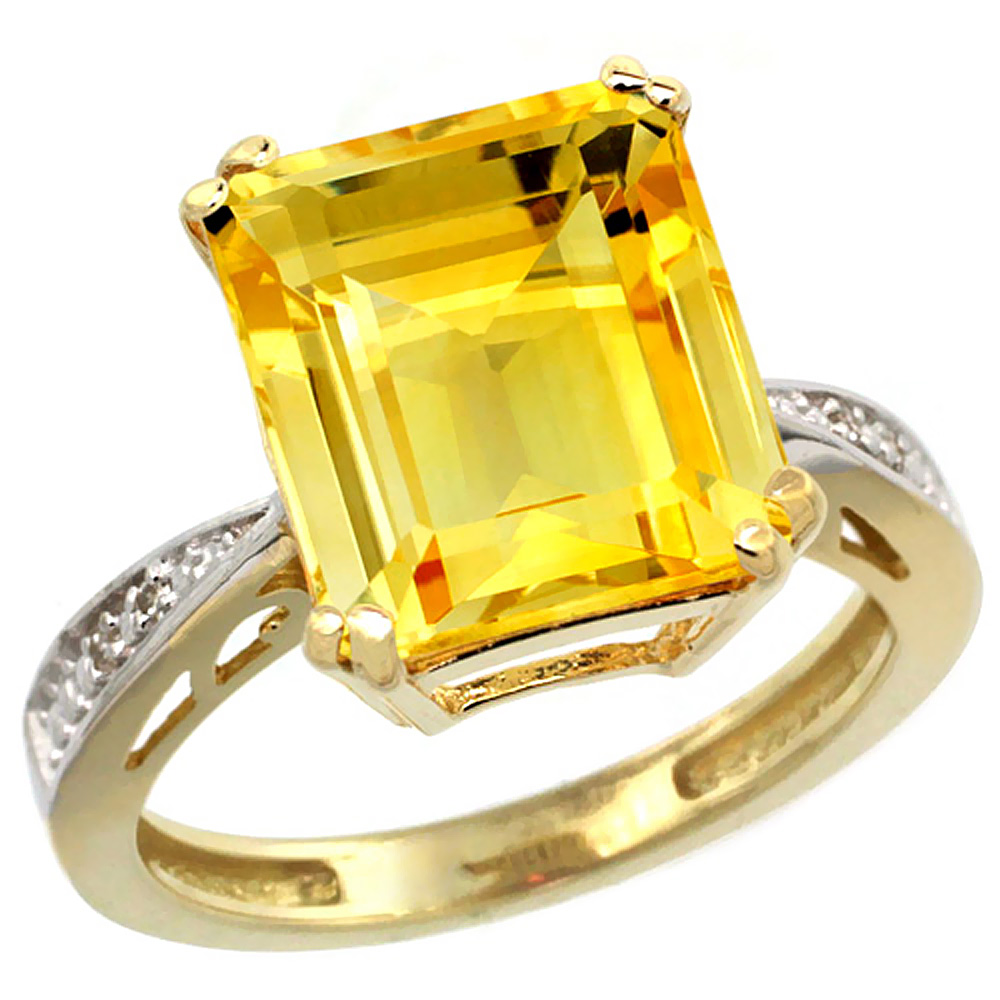 14K Yellow Gold Diamond Natural Citrine Ring Emerald-cut 12x10mm, sizes 5-10