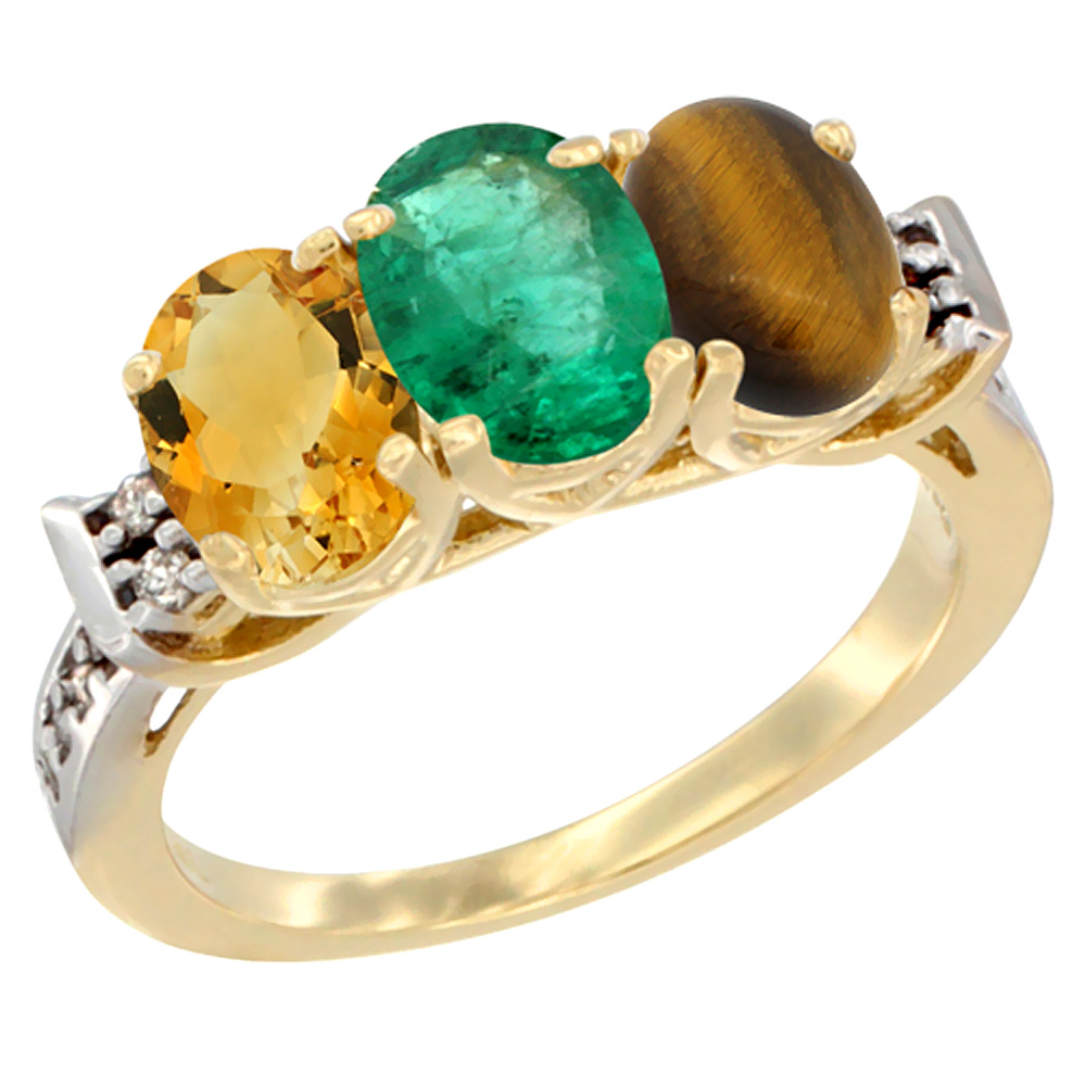 10K Yellow Gold Natural Citrine, Emerald & Tiger Eye Ring 3-Stone Oval 7x5 mm Diamond Accent, sizes 5 - 10