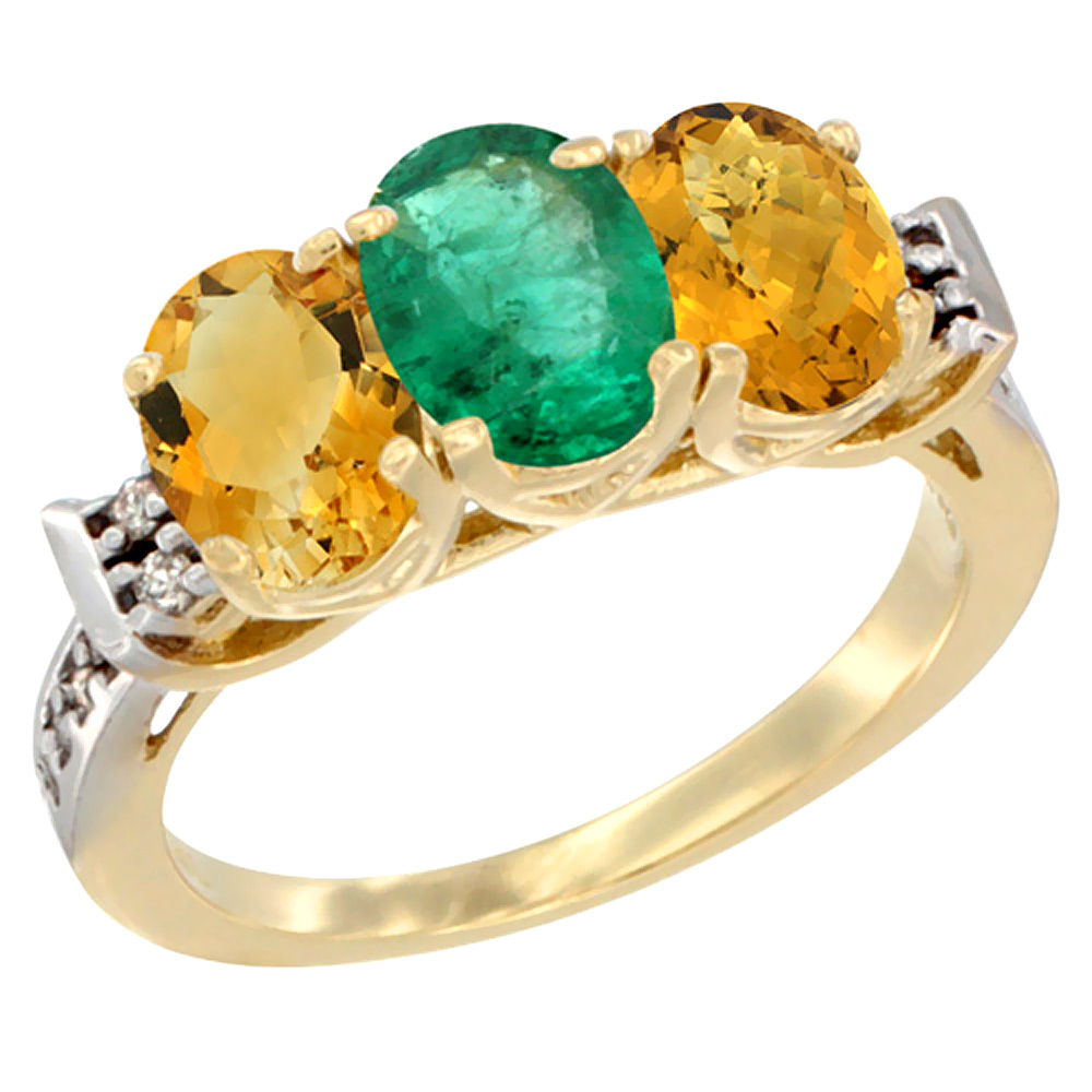 14K Yellow Gold Natural Citrine, Emerald & Whisky Quartz Ring 3-Stone 7x5 mm Oval Diamond Accent, sizes 5 - 10