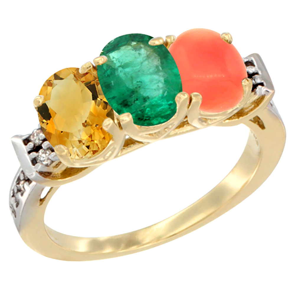 10K Yellow Gold Natural Citrine, Emerald & Coral Ring 3-Stone Oval 7x5 mm Diamond Accent, sizes 5 - 10