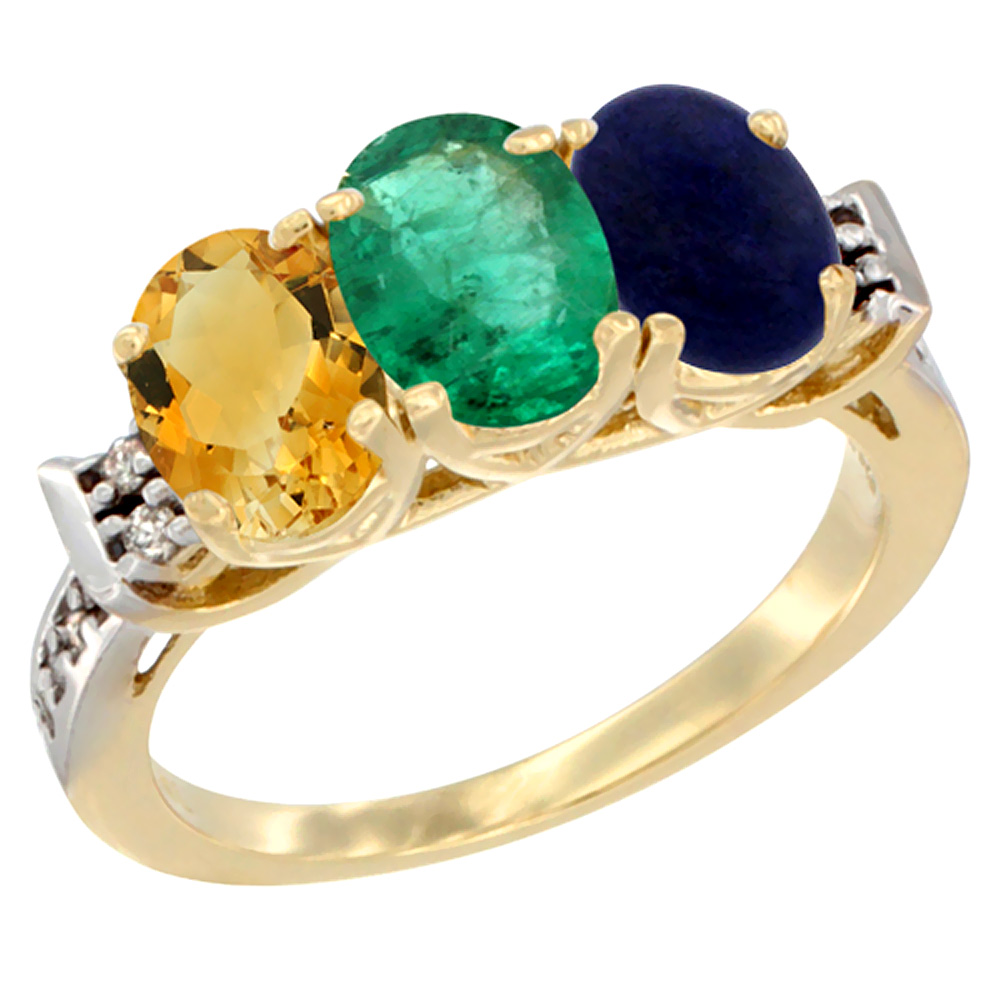 14K Yellow Gold Natural Citrine, Emerald & Lapis Ring 3-Stone 7x5 mm Oval Diamond Accent, sizes 5 - 10