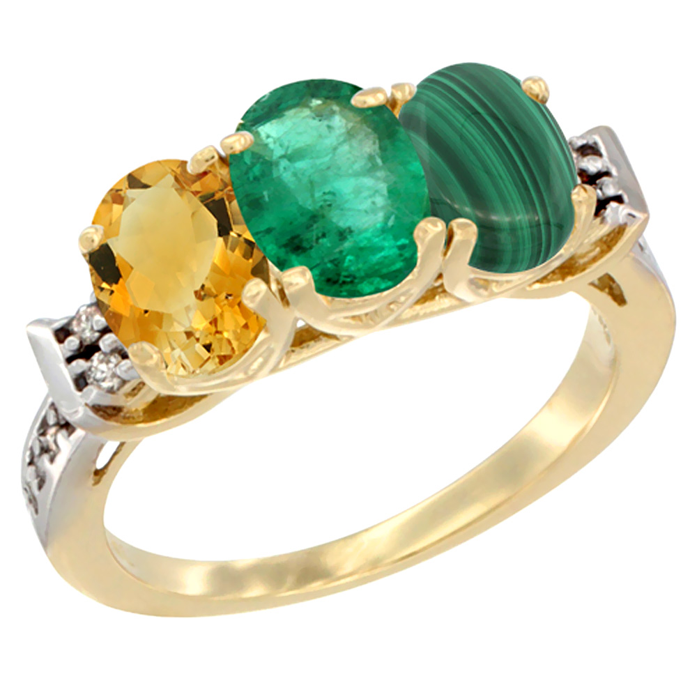 14K Yellow Gold Natural Citrine, Emerald & Malachite Ring 3-Stone 7x5 mm Oval Diamond Accent, sizes 5 - 10