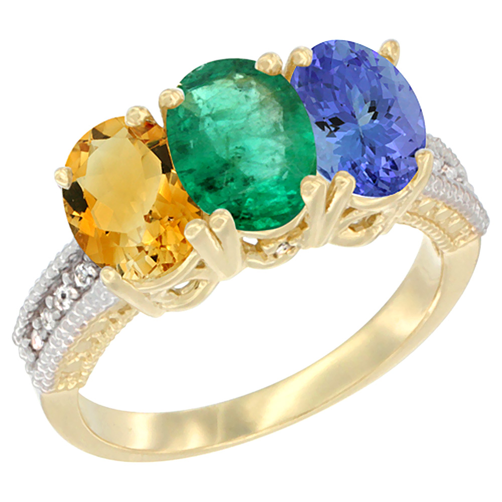 14K Yellow Gold Natural Citrine, Emerald & Tanzanite Ring 3-Stone 7x5 mm Oval Diamond Accent, sizes 5 - 10