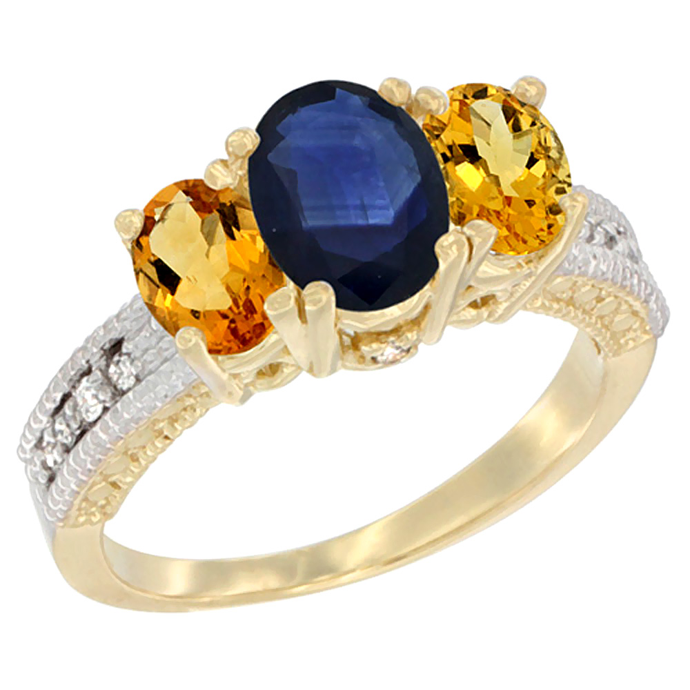 10K Yellow Gold Diamond Natural Blue Sapphire Ring Oval 3-stone with Citrine, sizes 5 - 10