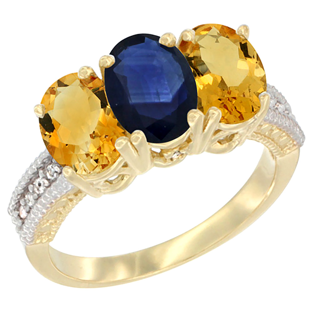 14K Yellow Gold Natural Blue Sapphire & Citrine Sides Ring 3-Stone 7x5 mm Oval Diamond Accent, sizes 5 - 10