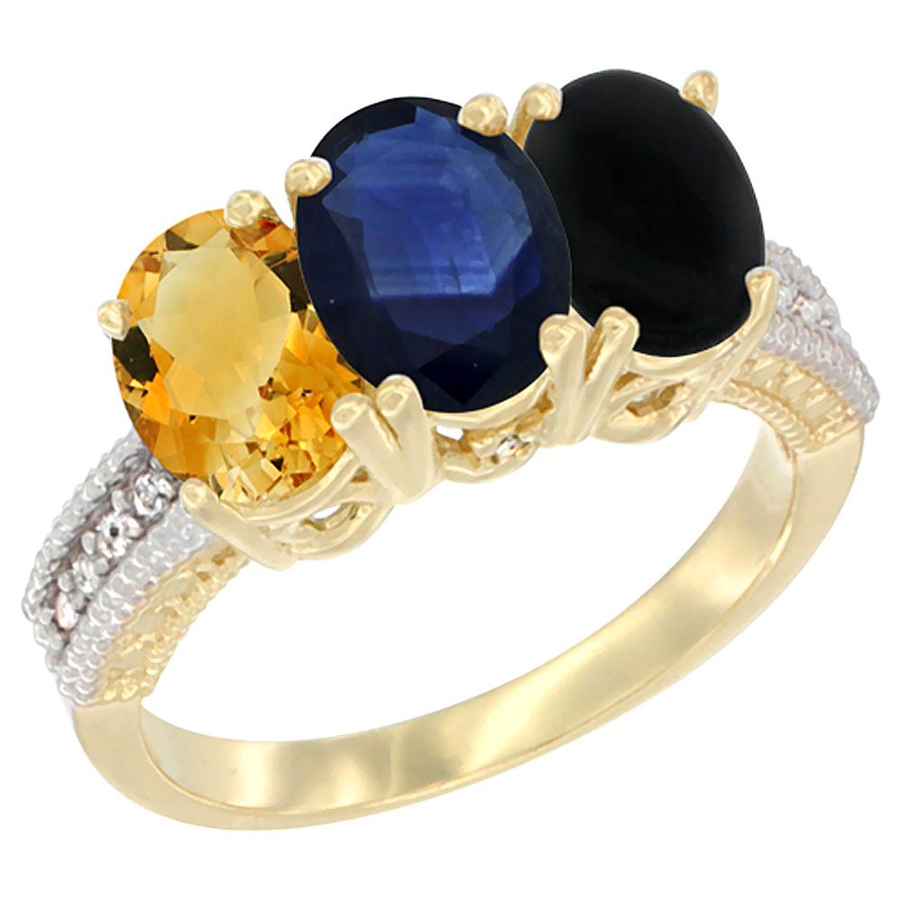 14K Yellow Gold Natural Citrine, Blue Sapphire &amp; Black Onyx Ring 3-Stone 7x5 mm Oval Diamond Accent, sizes 5 - 10