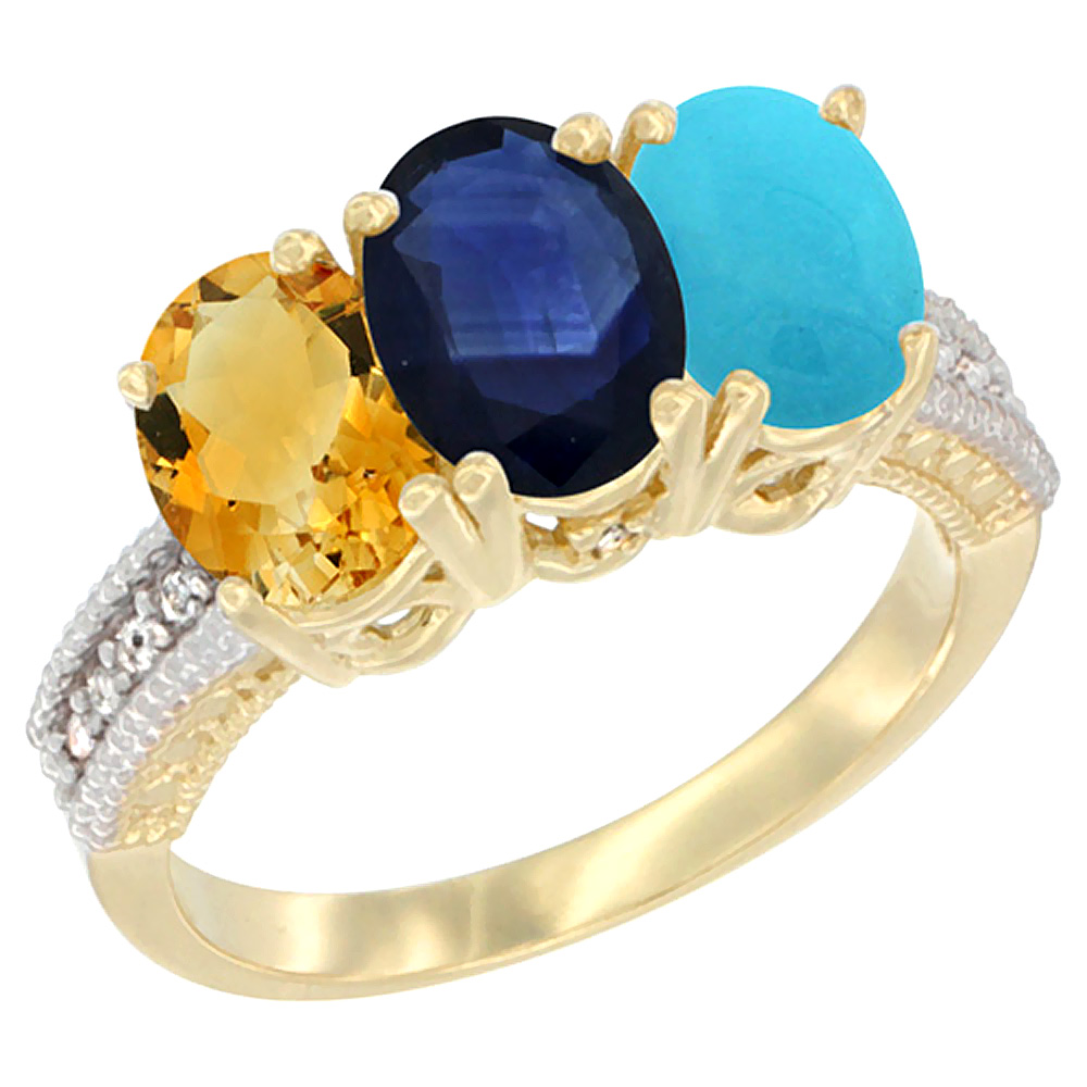 14K Yellow Gold Natural Citrine, Blue Sapphire & Turquoise Ring 3-Stone 7x5 mm Oval Diamond Accent, sizes 5 - 10