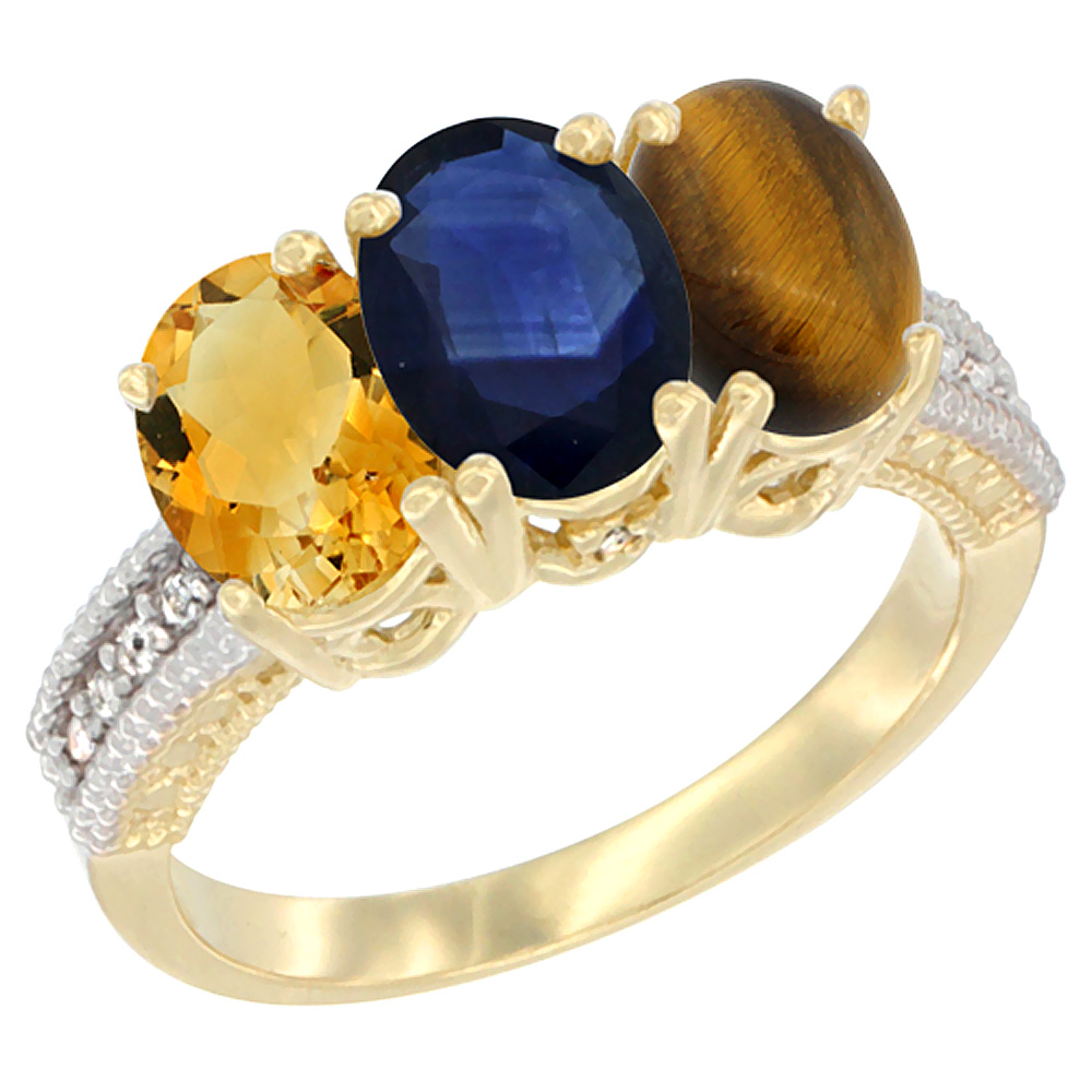 14K Yellow Gold Natural Citrine, Blue Sapphire & Tiger Eye Ring 3-Stone 7x5 mm Oval Diamond Accent, sizes 5 - 10