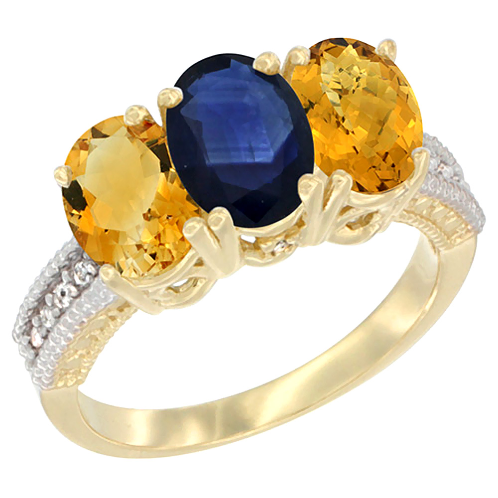 14K Yellow Gold Natural Citrine, Blue Sapphire & Whisky Quartz Ring 3-Stone 7x5 mm Oval Diamond Accent, sizes 5 - 10