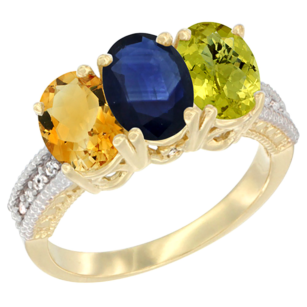 14K Yellow Gold Natural Citrine, Blue Sapphire & Lemon Quartz Ring 3-Stone 7x5 mm Oval Diamond Accent, sizes 5 - 10