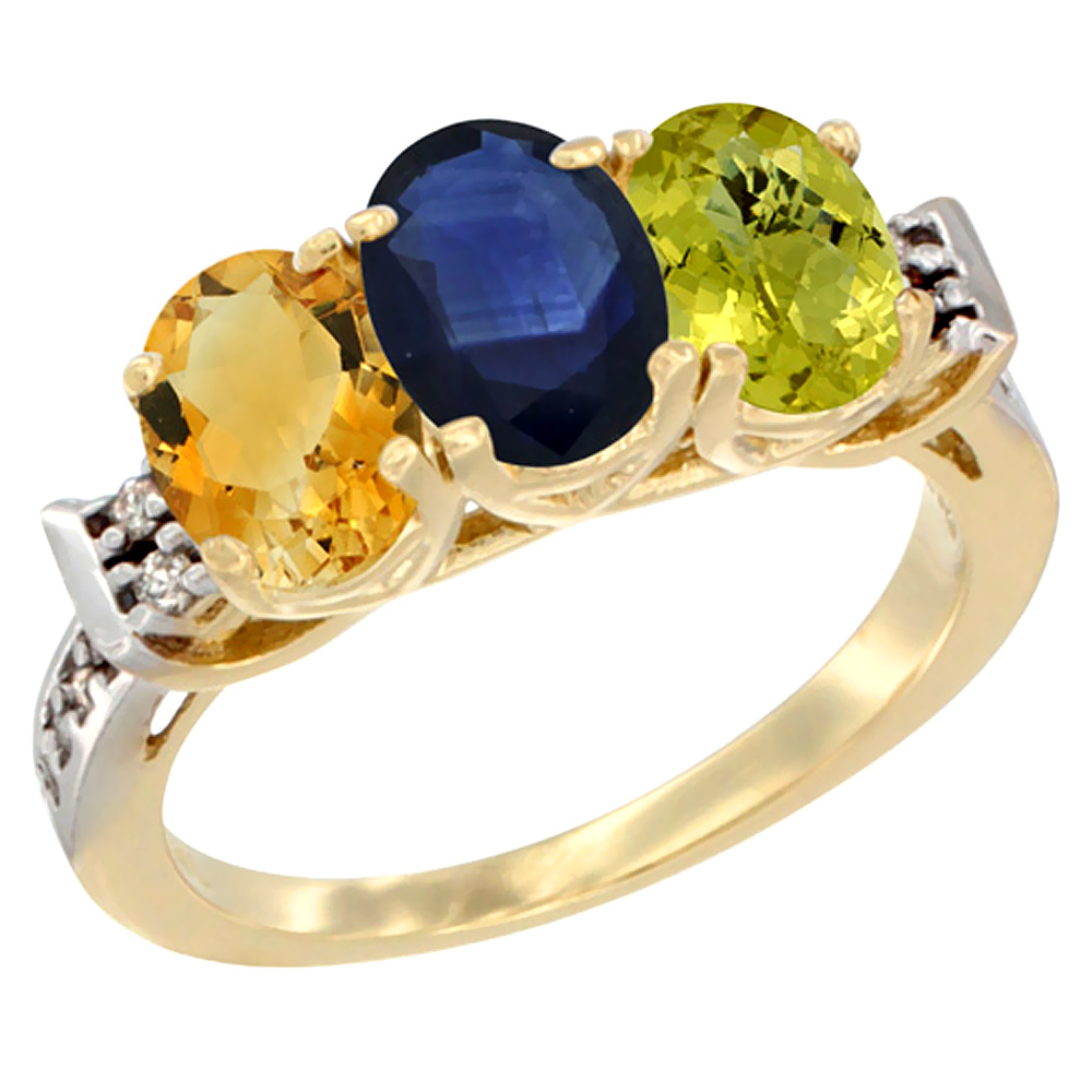 14K Yellow Gold Natural Citrine, Blue Sapphire &amp; Lemon Quartz Ring 3-Stone 7x5 mm Oval Diamond Accent, sizes 5 - 10