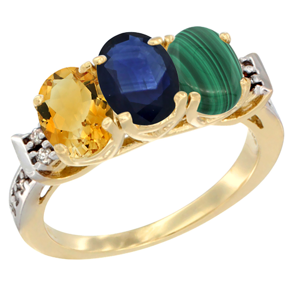 14K Yellow Gold Natural Citrine, Blue Sapphire & Malachite Ring 3-Stone 7x5 mm Oval Diamond Accent, sizes 5 - 10