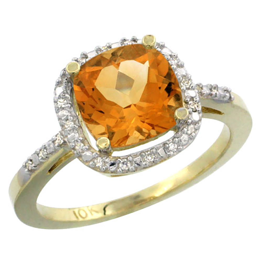 14K Yellow Gold Natural Citrine Ring Cushion-cut 8x8mm Diamond Accent, sizes 5-10