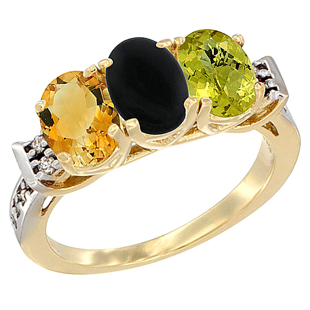 14K Yellow Gold Natural Citrine, Black Onyx & Lemon Quartz Ring 3-Stone 7x5 mm Oval Diamond Accent, sizes 5 - 10