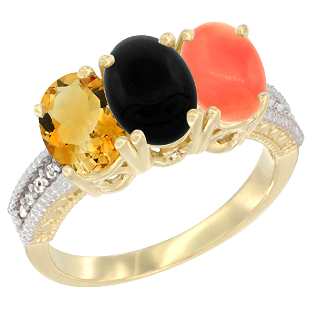 14K Yellow Gold Natural Citrine, Black Onyx & Coral Ring 3-Stone 7x5 mm Oval Diamond Accent, sizes 5 - 10