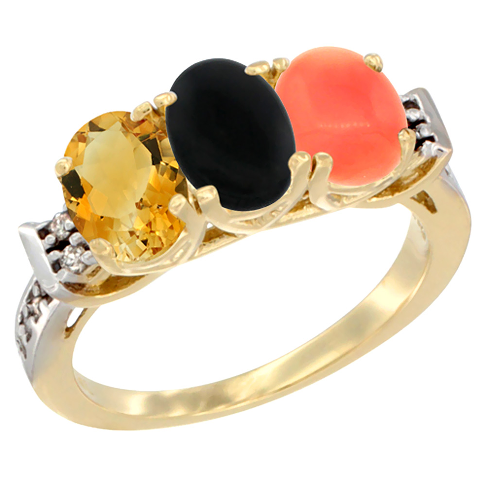 14K Yellow Gold Natural Citrine, Black Onyx &amp; Coral Ring 3-Stone 7x5 mm Oval Diamond Accent, sizes 5 - 10