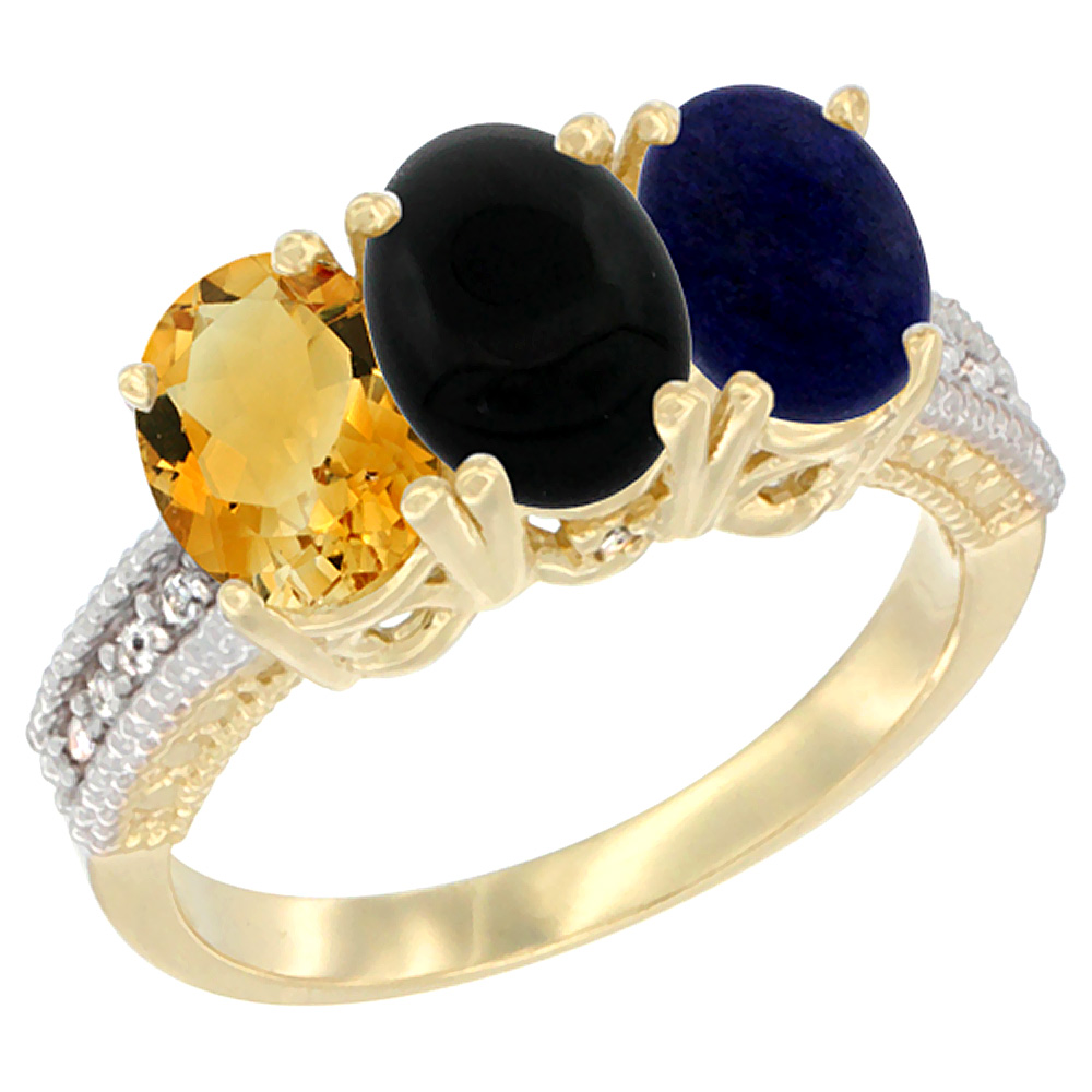 10K Yellow Gold Diamond Natural Citrine, Black Onyx & Lapis Ring 3-Stone 7x5 mm Oval, sizes 5 - 10