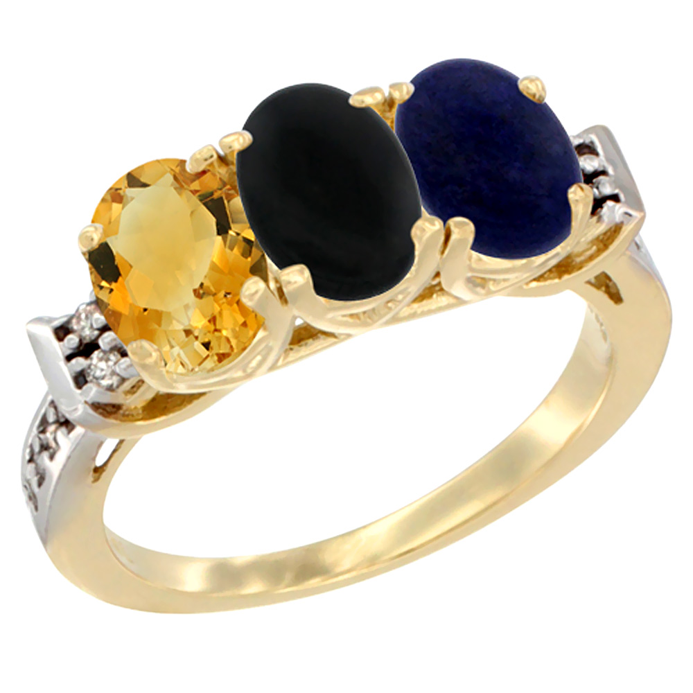 14K Yellow Gold Natural Citrine, Black Onyx & Lapis Ring 3-Stone 7x5 mm Oval Diamond Accent, sizes 5 - 10