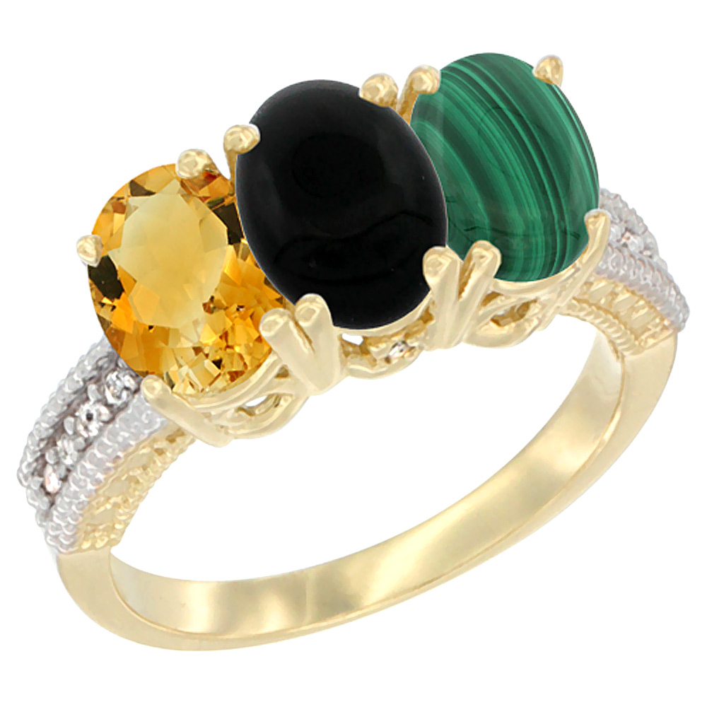 10K Yellow Gold Diamond Natural Citrine, Black Onyx & Malachite Ring 3-Stone 7x5 mm Oval, sizes 5 - 10