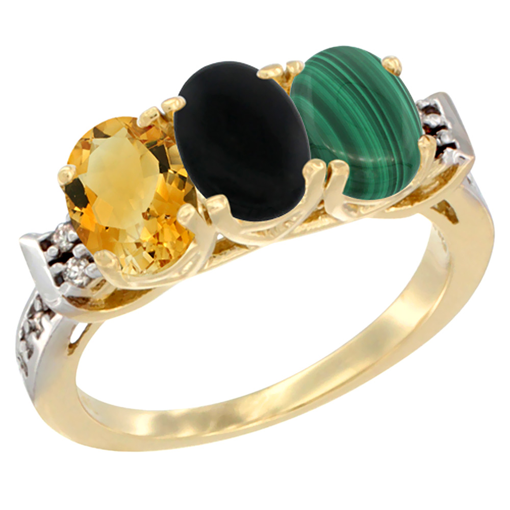 10K Yellow Gold Natural Citrine, Black Onyx & Malachite Ring 3-Stone Oval 7x5 mm Diamond Accent, sizes 5 - 10