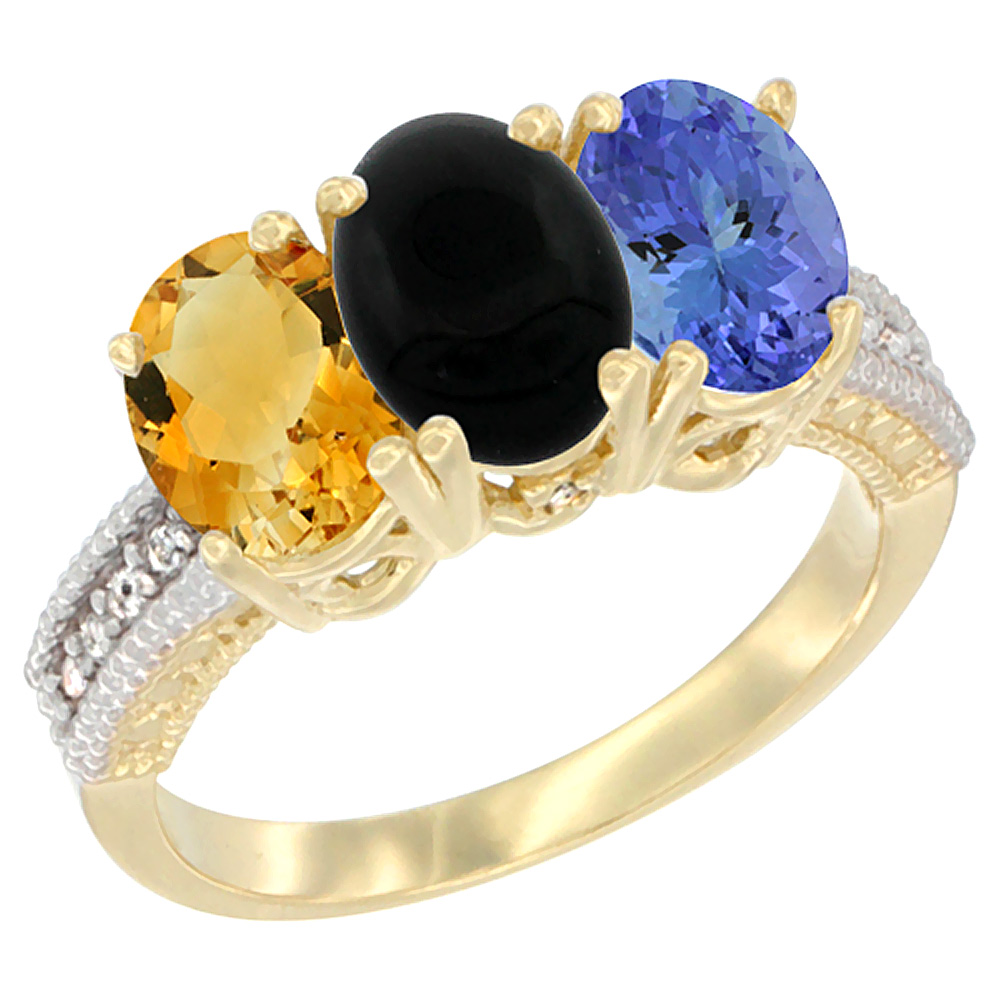 14K Yellow Gold Natural Citrine, Black Onyx & Tanzanite Ring 3-Stone 7x5 mm Oval Diamond Accent, sizes 5 - 10