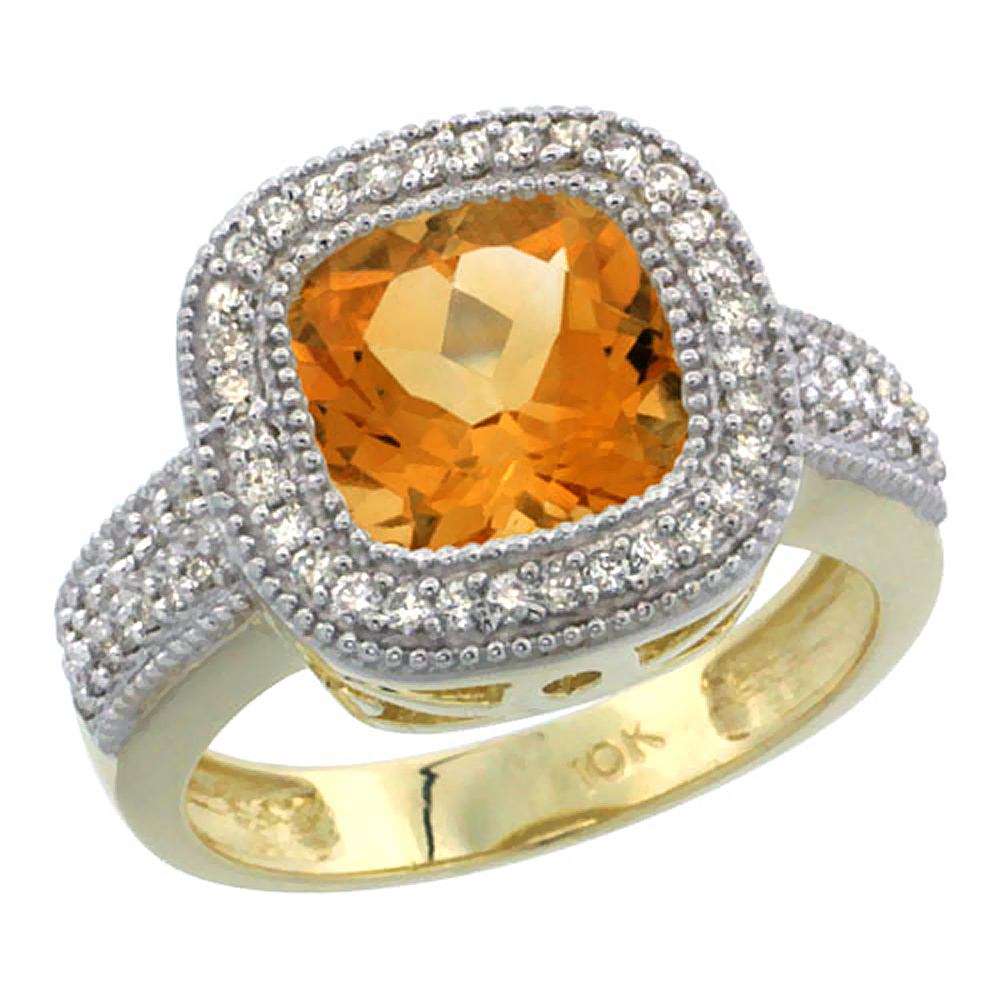 14K Yellow Gold Natural Citrine Ring Cushion-cut 9x9mm Diamond Accent, sizes 5-10