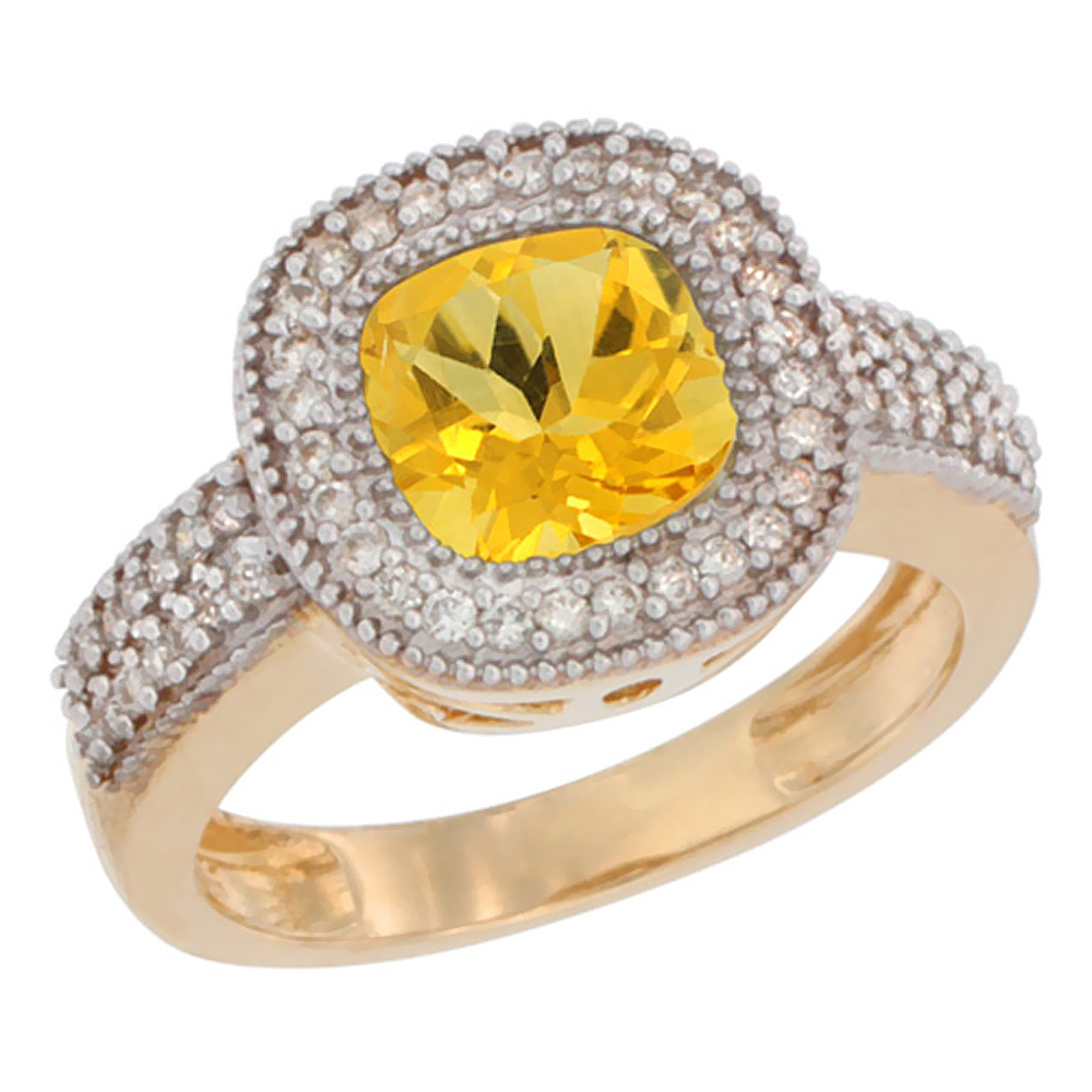 14K Yellow Gold Natural Citrine Ring Cushion-cut 7x7mm Diamond Accent, sizes 5-10