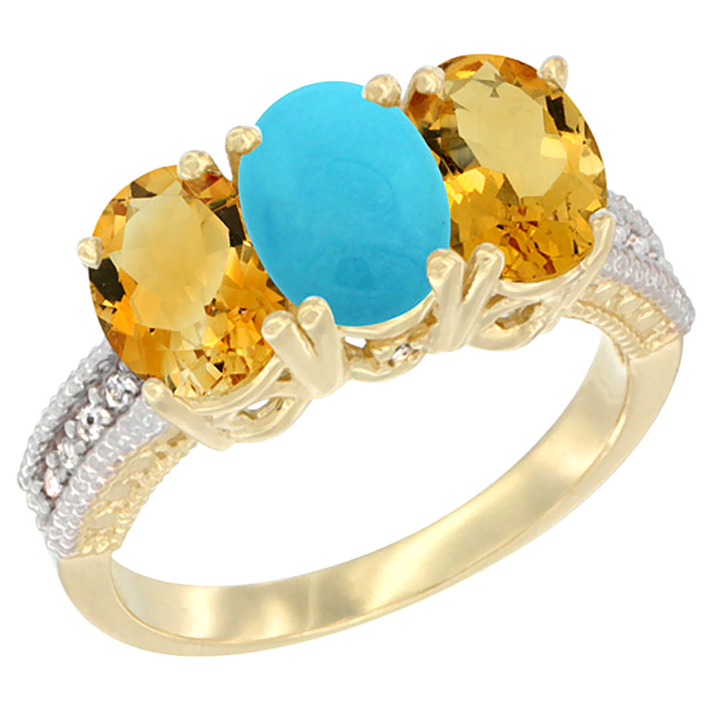 14K Yellow Gold Natural Turquoise & Citrine Sides Ring 3-Stone 7x5 mm Oval Diamond Accent, sizes 5 - 10