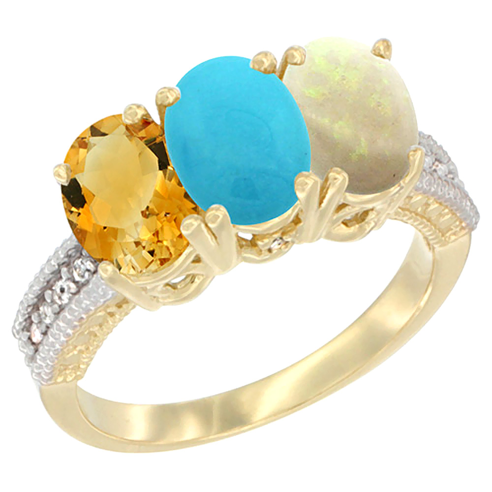 14K Yellow Gold Natural Citrine, Turquoise & Opal Ring 3-Stone 7x5 mm Oval Diamond Accent, sizes 5 - 10