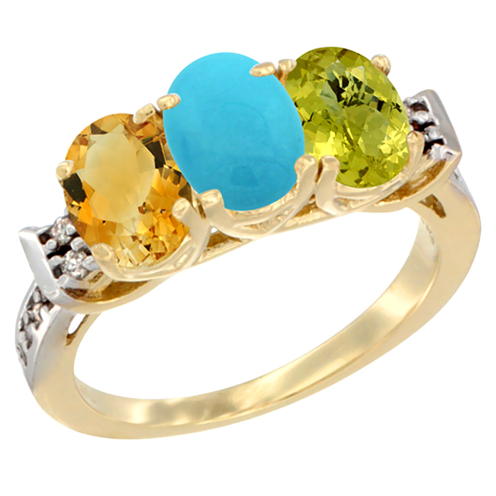 14K Yellow Gold Natural Citrine, Turquoise & Lemon Quartz Ring 3-Stone 7x5 mm Oval Diamond Accent, sizes 5 - 10