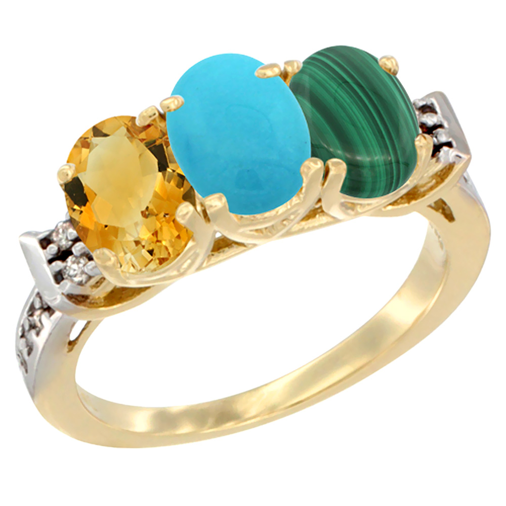 14K Yellow Gold Natural Citrine, Turquoise & Malachite Ring 3-Stone 7x5 mm Oval Diamond Accent, sizes 5 - 10