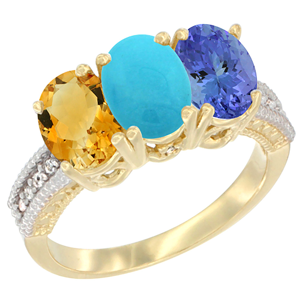 14K Yellow Gold Natural Citrine, Turquoise & Tanzanite Ring 3-Stone 7x5 mm Oval Diamond Accent, sizes 5 - 10