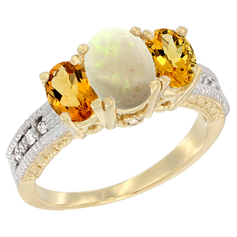 10K Yellow Gold Diamond Natural Opal Ring Oval 3-stone with Citrine, sizes 5 - 10